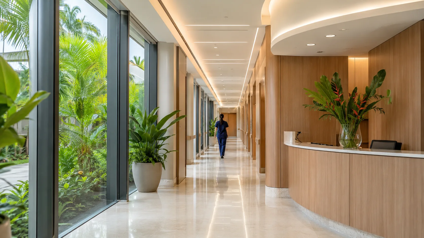 Bright modern private hospital corridor with tropical light