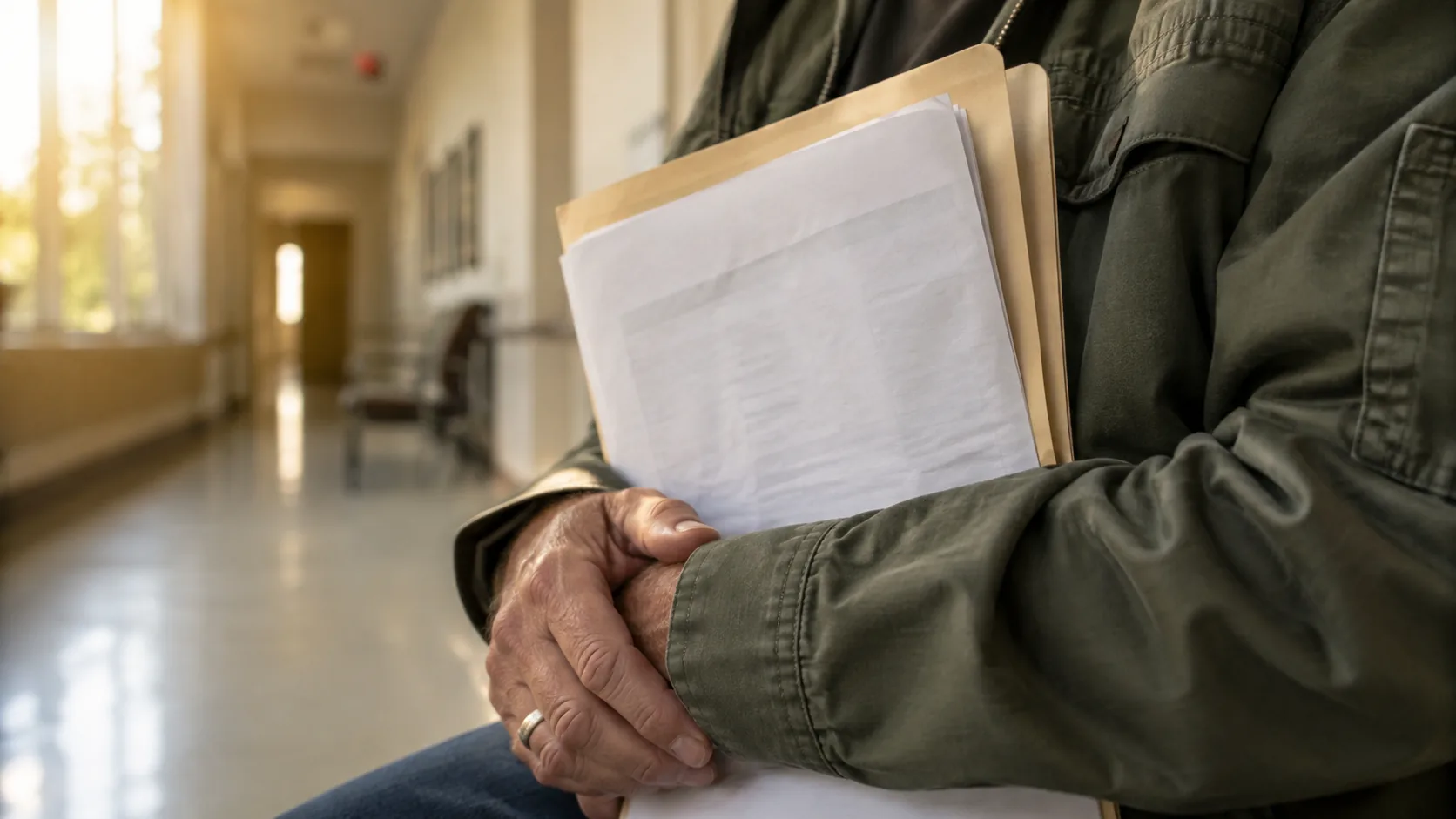 Veteran holding folded paperwork in a clinic corridor